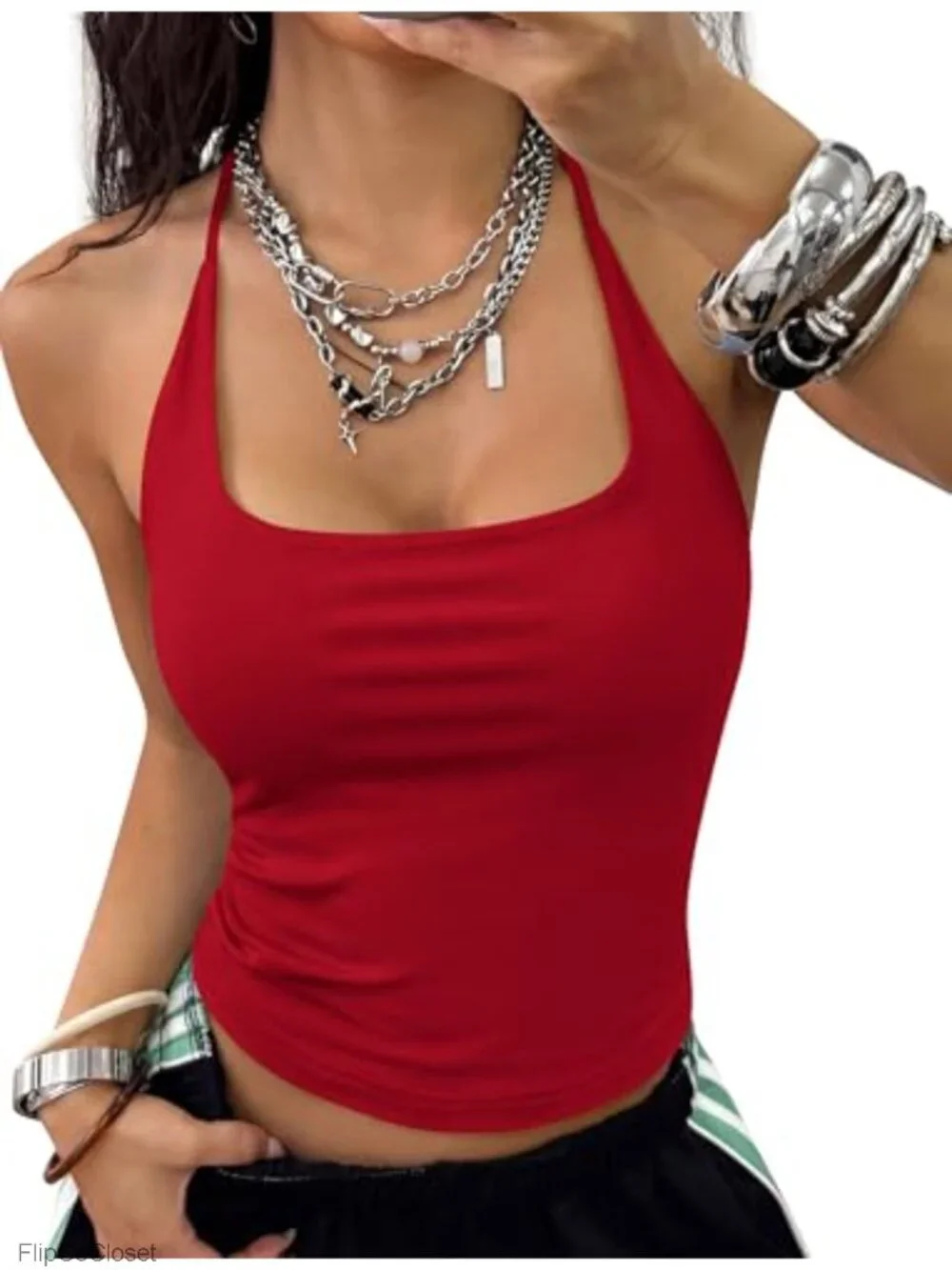 Square Neck Halter Crop Tank Top - Y2K Going Out, Sleeveless Tie Back,